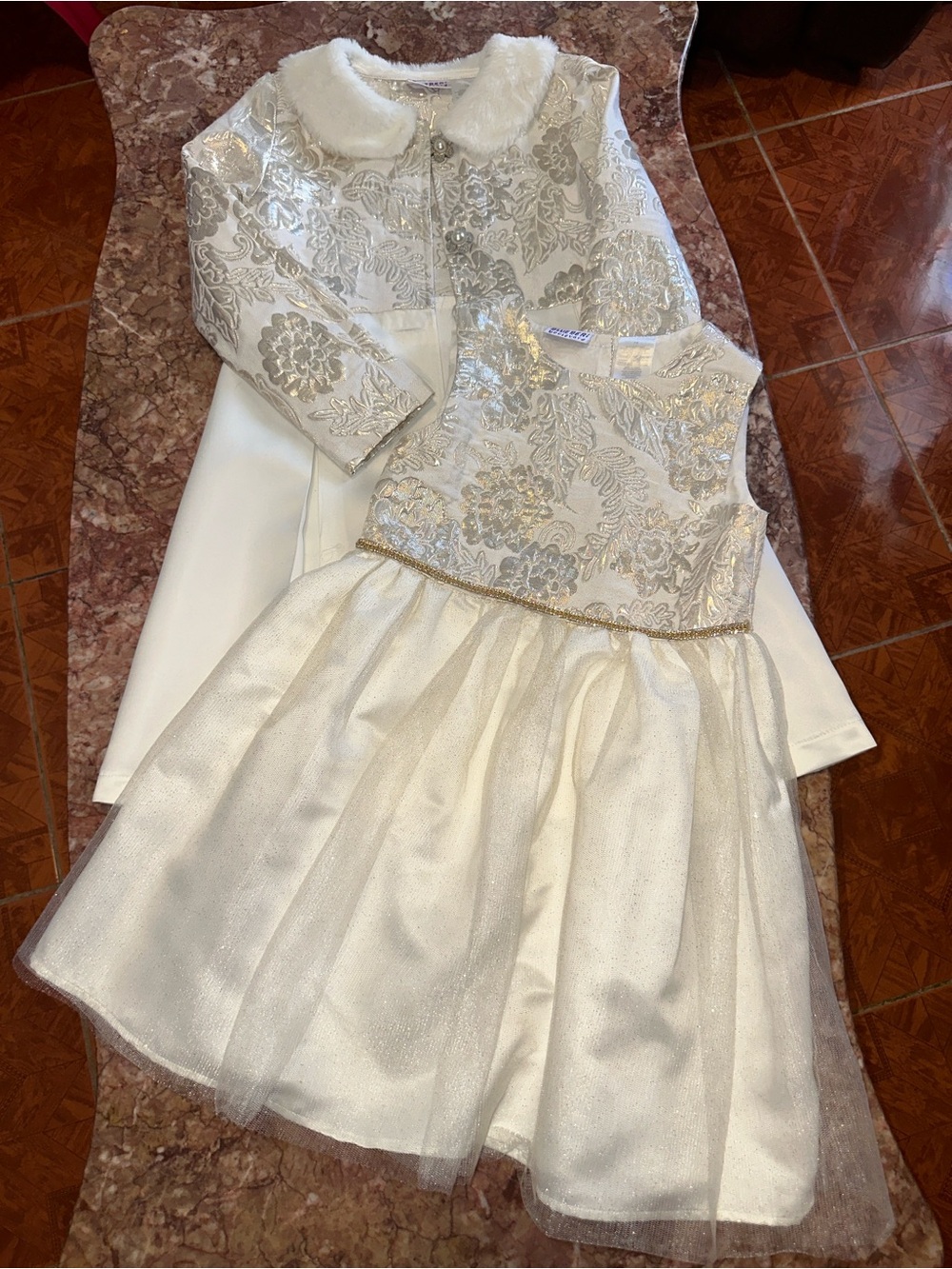 Blueberi Boulevard Ivory and Gold Floral Brocade Dress with Matching Coat